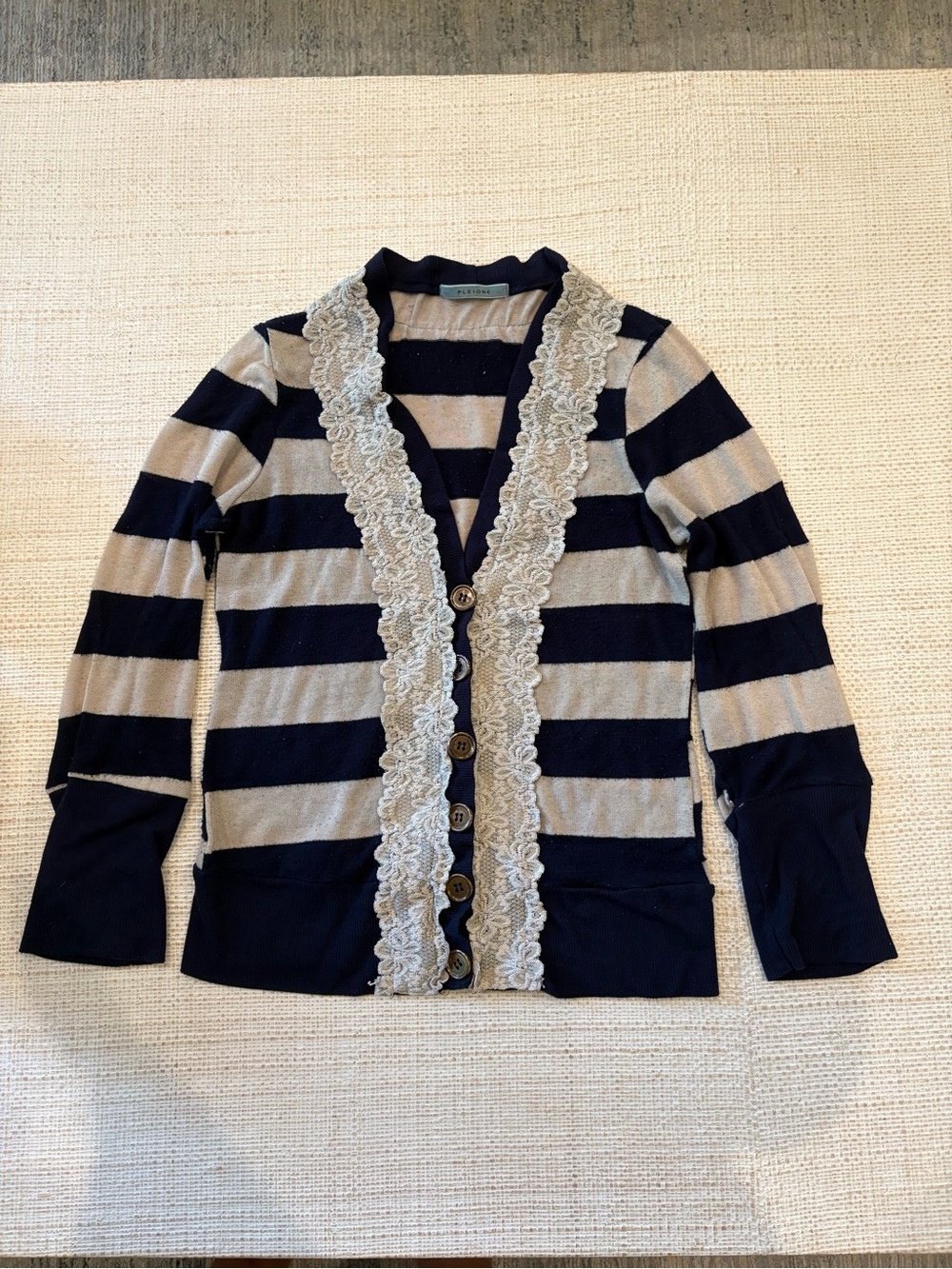 Pleione Navy and Beige Striped Lace-Trim Cardigan
